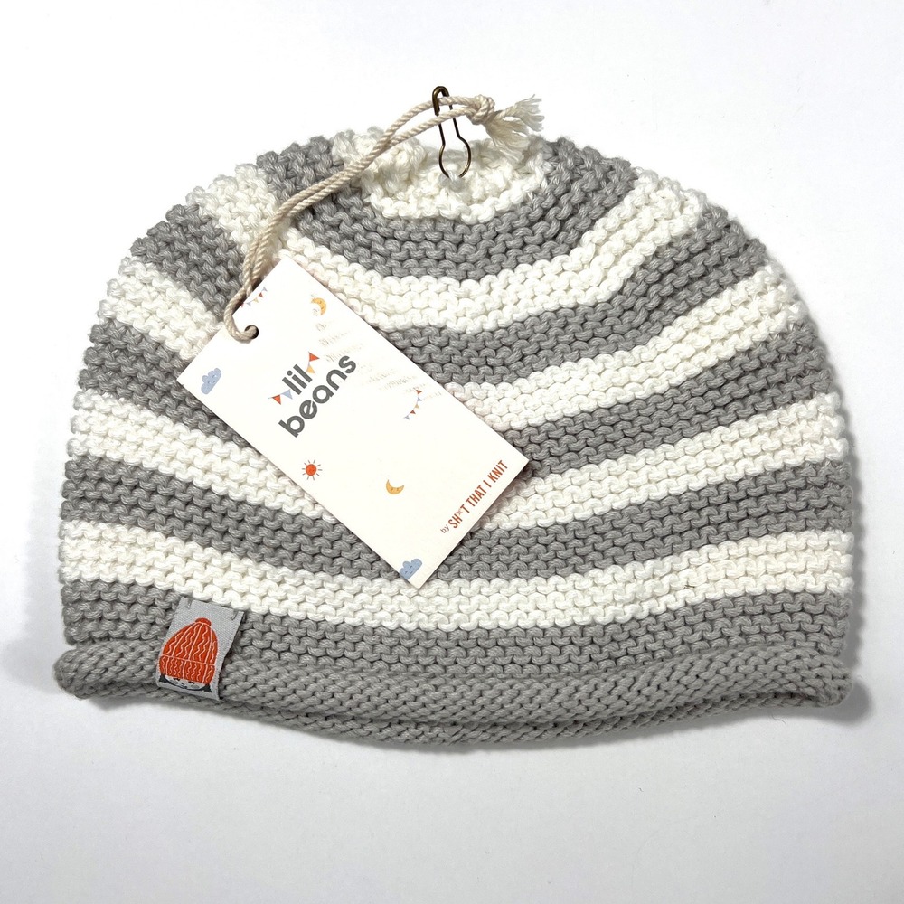 Sh*t That I Knit Lil Beans Baby Beanie Heather Gray White Striped 6-12M Peru NWT
